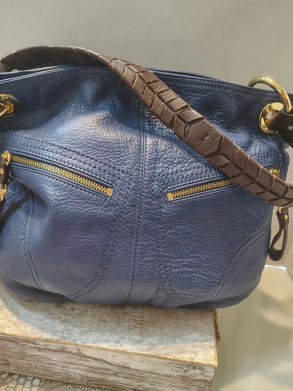 Classic B Makowsky Navy Leather Shoulder Bag with Braided Strap